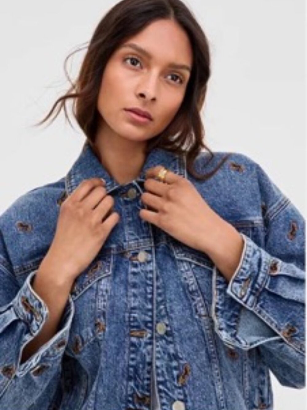 NWT Avec Les Filles Women's Blue Embroidered Horse Denim trucker Jacket XS
